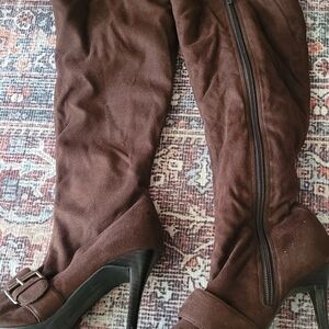 Women's Tall Brown Suede-Look Heeled Boots with Buckle